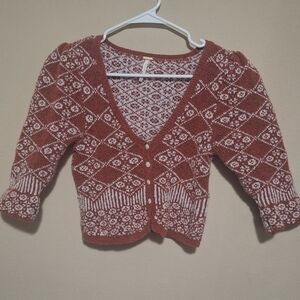 Free People Rust and White Patterned Cardigan 3/4 Sleeve